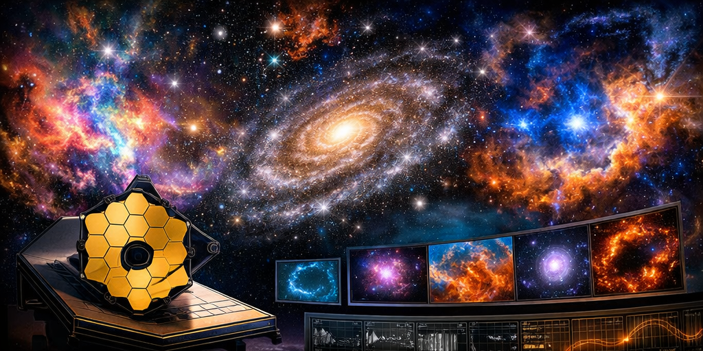 A majestic futuristic observatory perched on a mountain peak under a brilliant starry sky with the Milky Way spanning across the horizon.